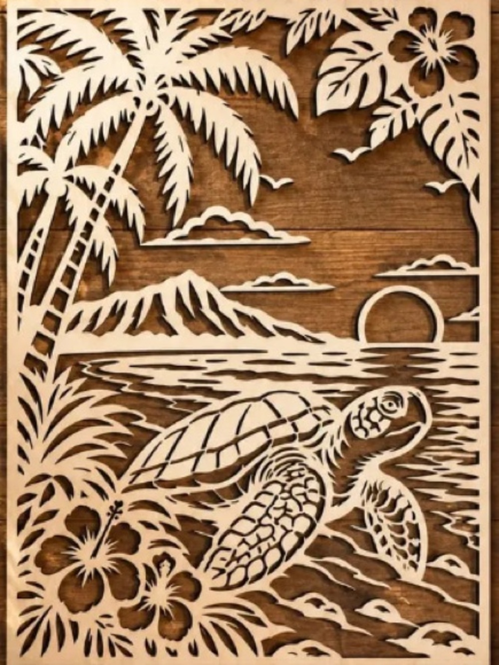 Handmade White Tropical Sea Turtle Wood Laser-Cut Wall Art
